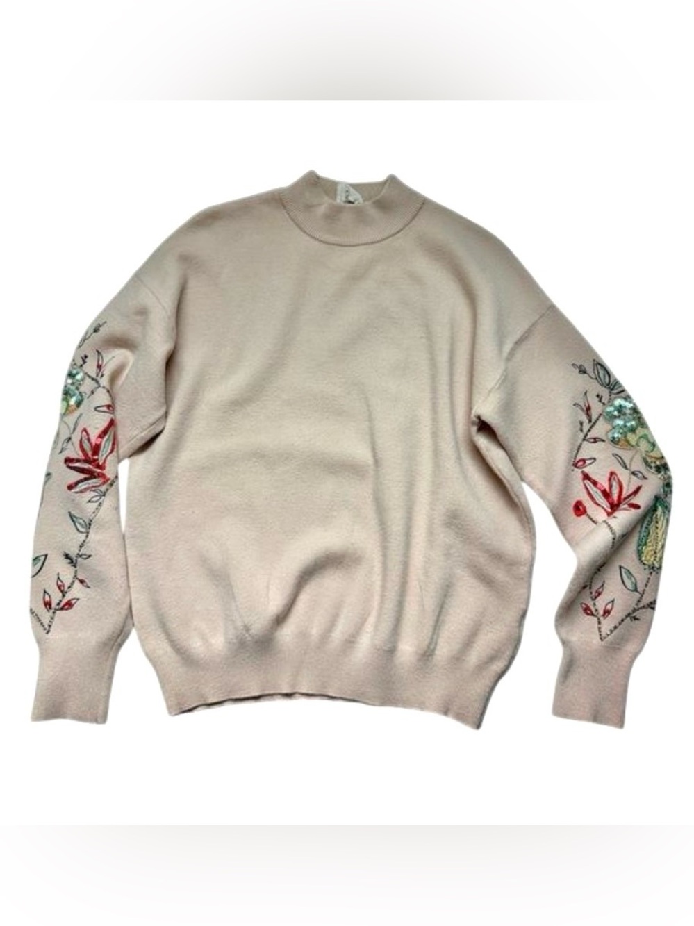 Desigual - Beige Embroidered Sleeve Crewneck Sweater - Women Small